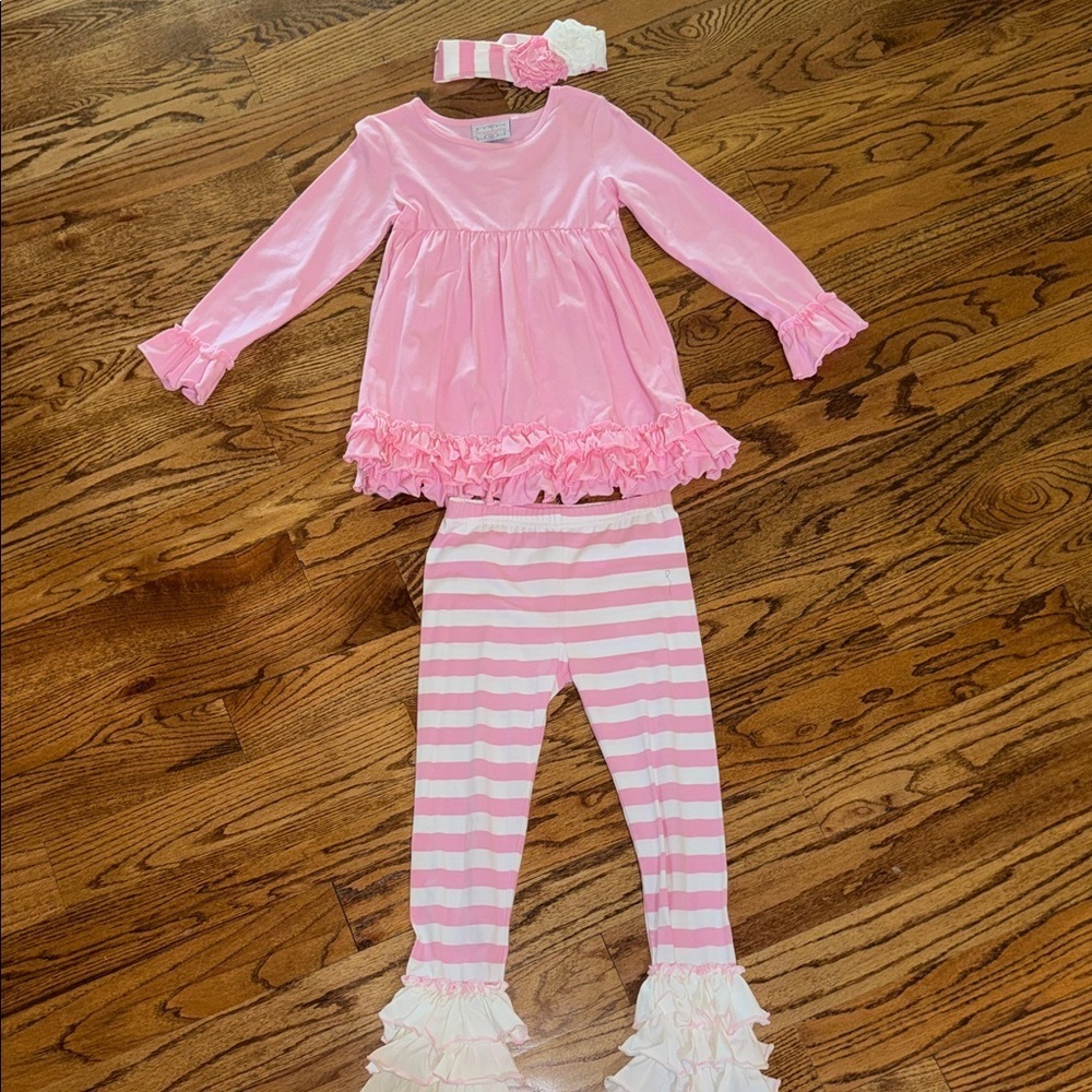 Serendipity girls long striped sleeved set and headband with ruffle details